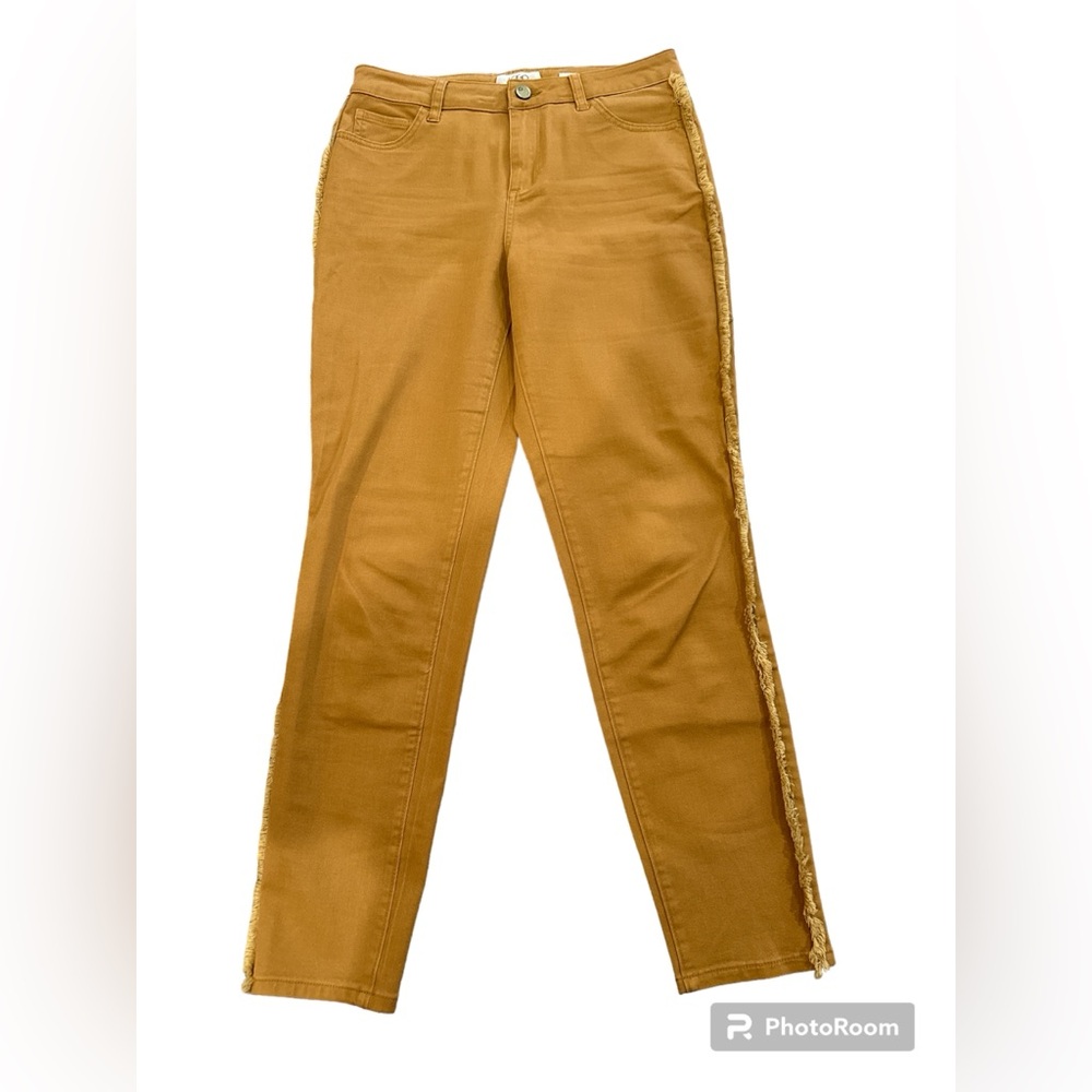 LOGO Lori Goldstein Tan Carmel‎ Skinny Jeans Pants Fray Sides Sz 6 Stretch EUC